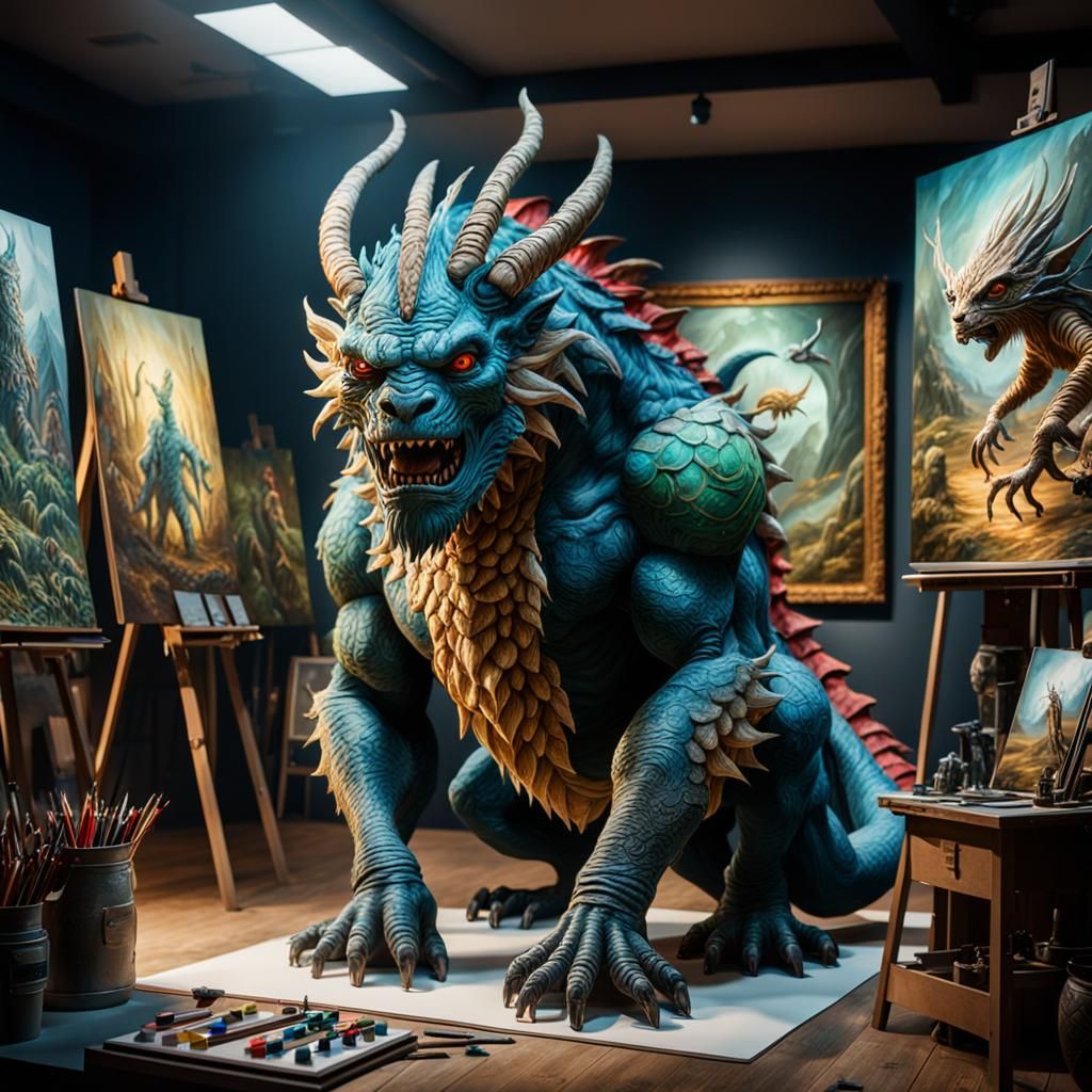 Fantasy Creatures Emerge from Paintings in Art Studio