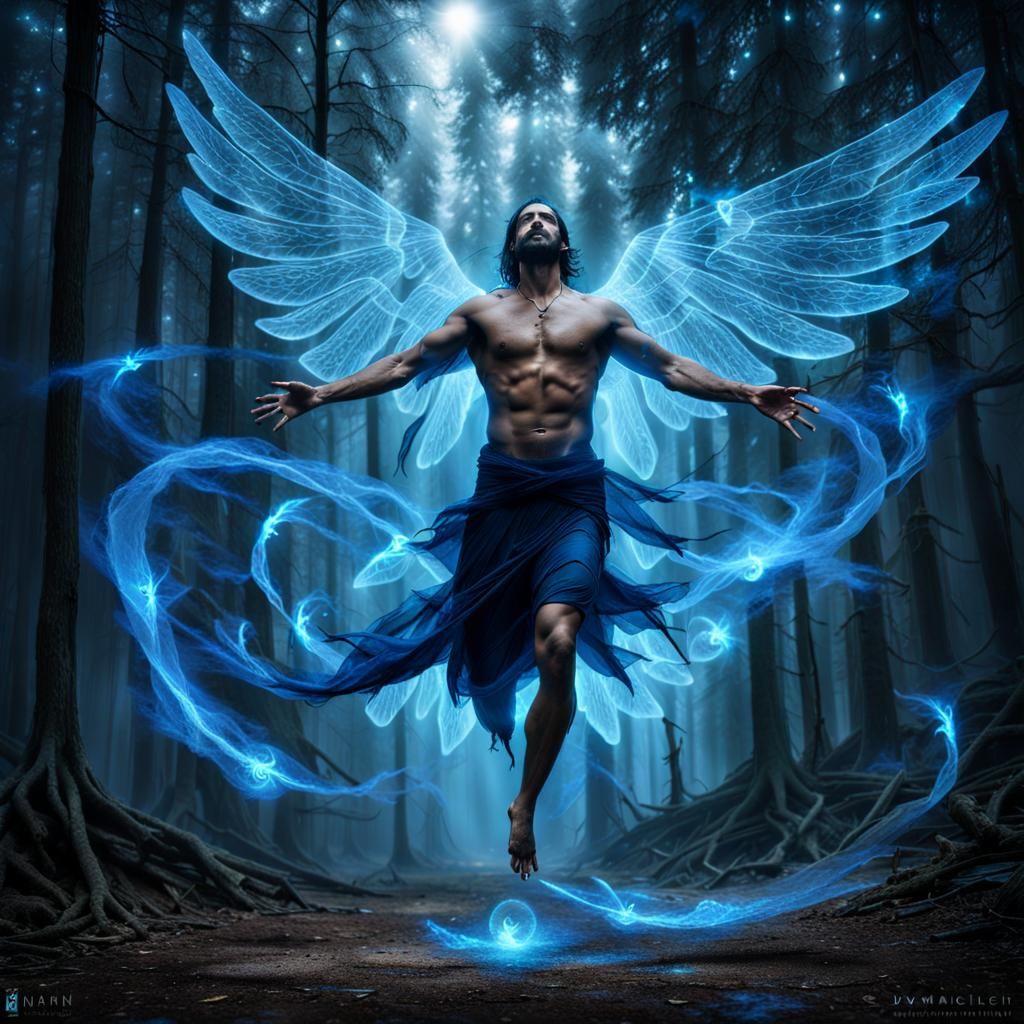Floating Man with Iridescent Wings in Blue