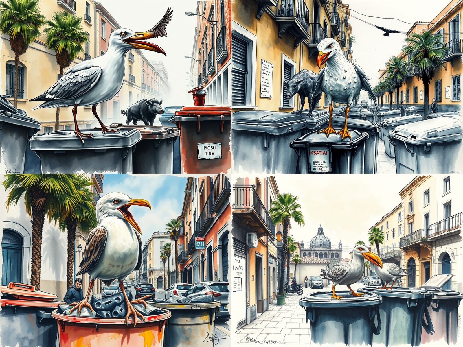 Mutated Seagull in Spanish Street: A Dark Art Sketch