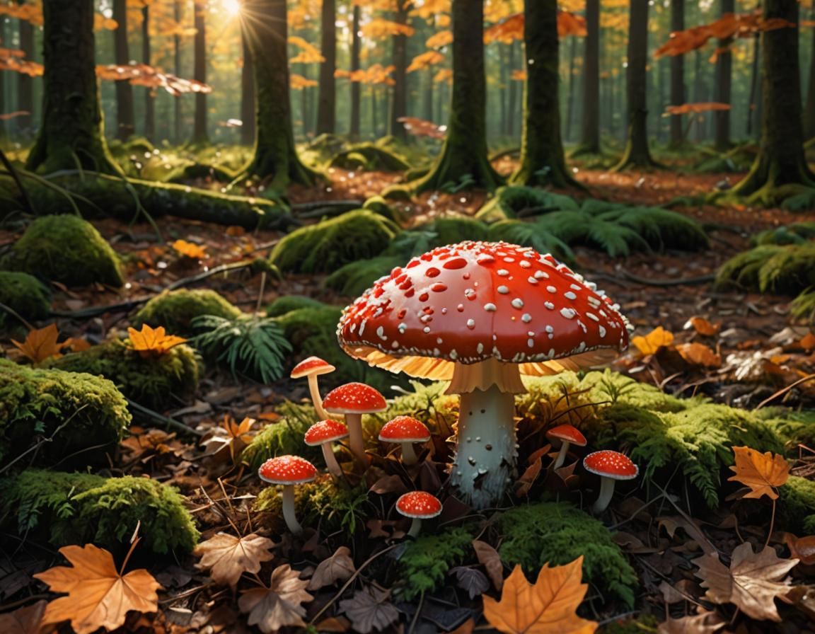Giant Fluorescent Mushroom in Autumnal Forest