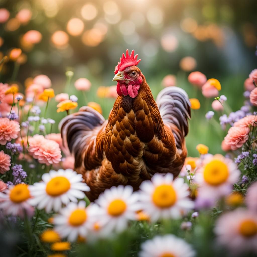 Chicken Surrounded by Flowers: Professional Photography
