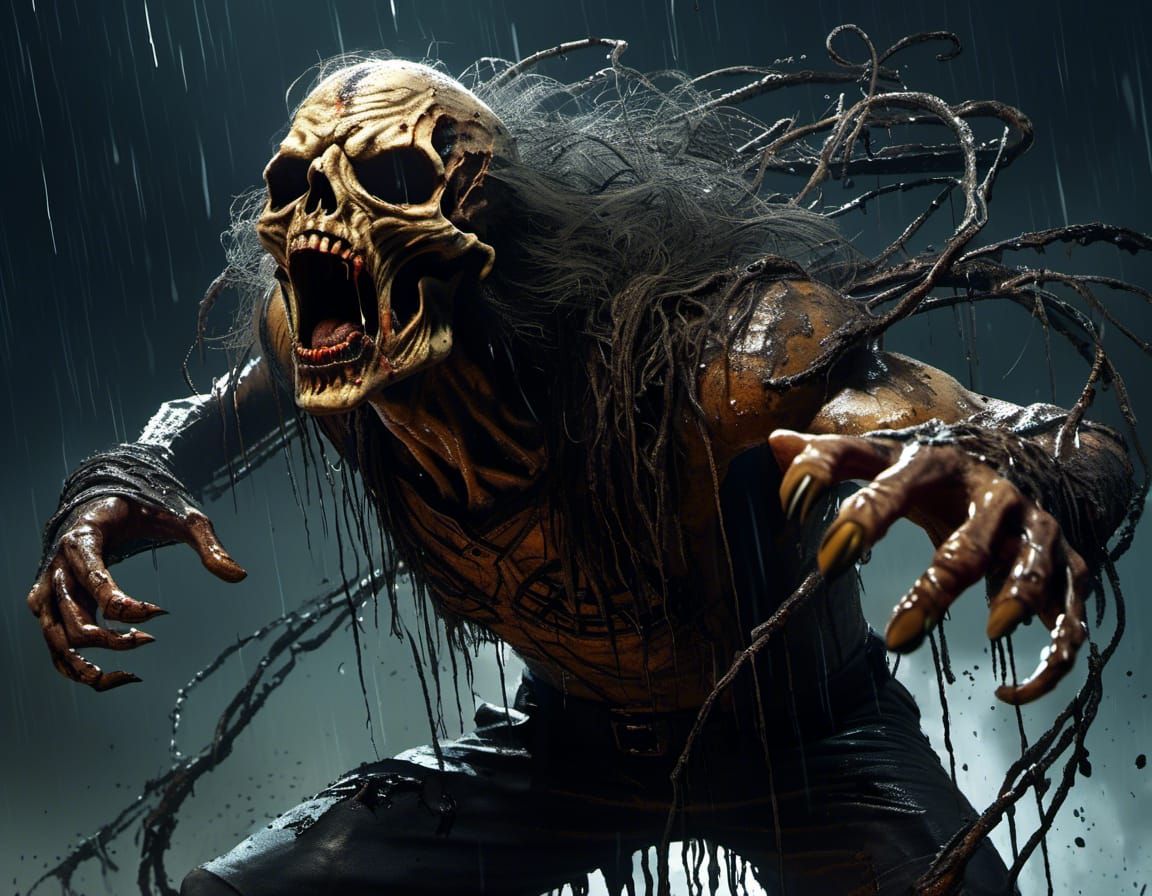 Terrifying Scarecrow with Bloody Scythe in Rain