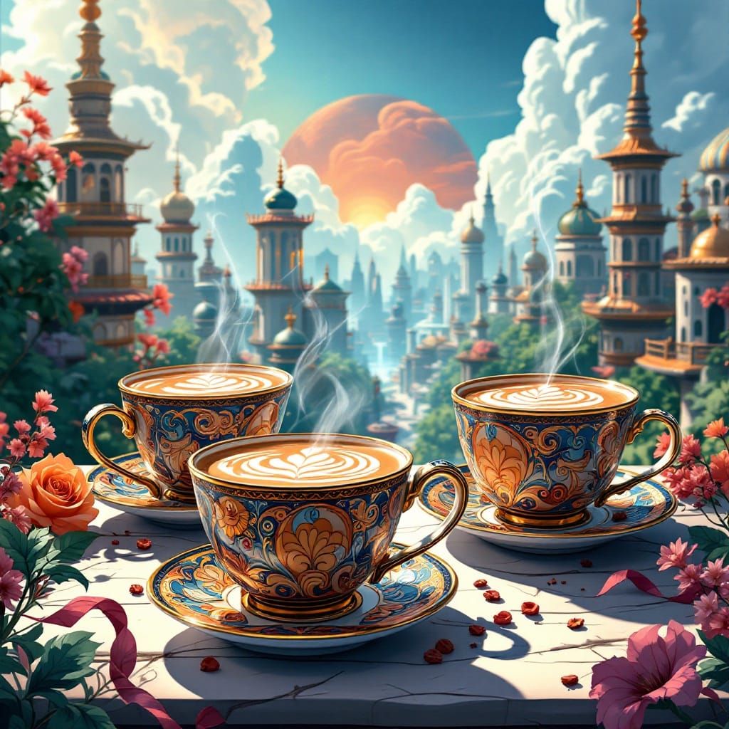 Anime Cappuccino Cups in Futuristic Cityscape at Golden Hour