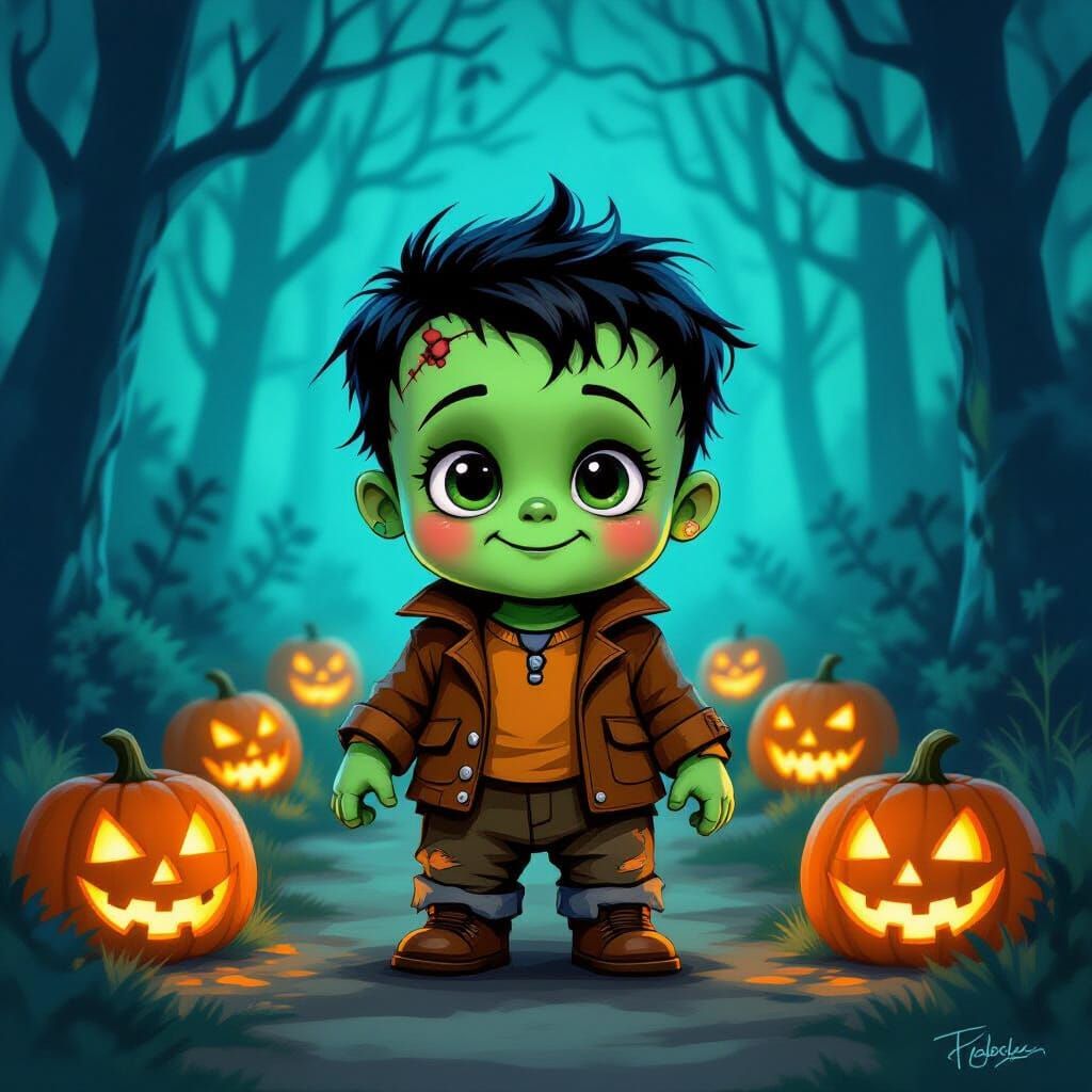 Cute Cartoon Baby Frankenstein in Misty Forest