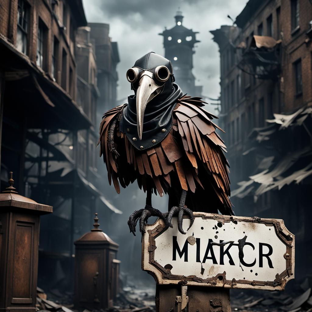 Steampunk Vulture Plague Doctor in Ruined City