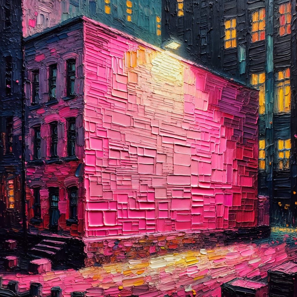 Illuminated Pink Wall Against Urban Backdrop
