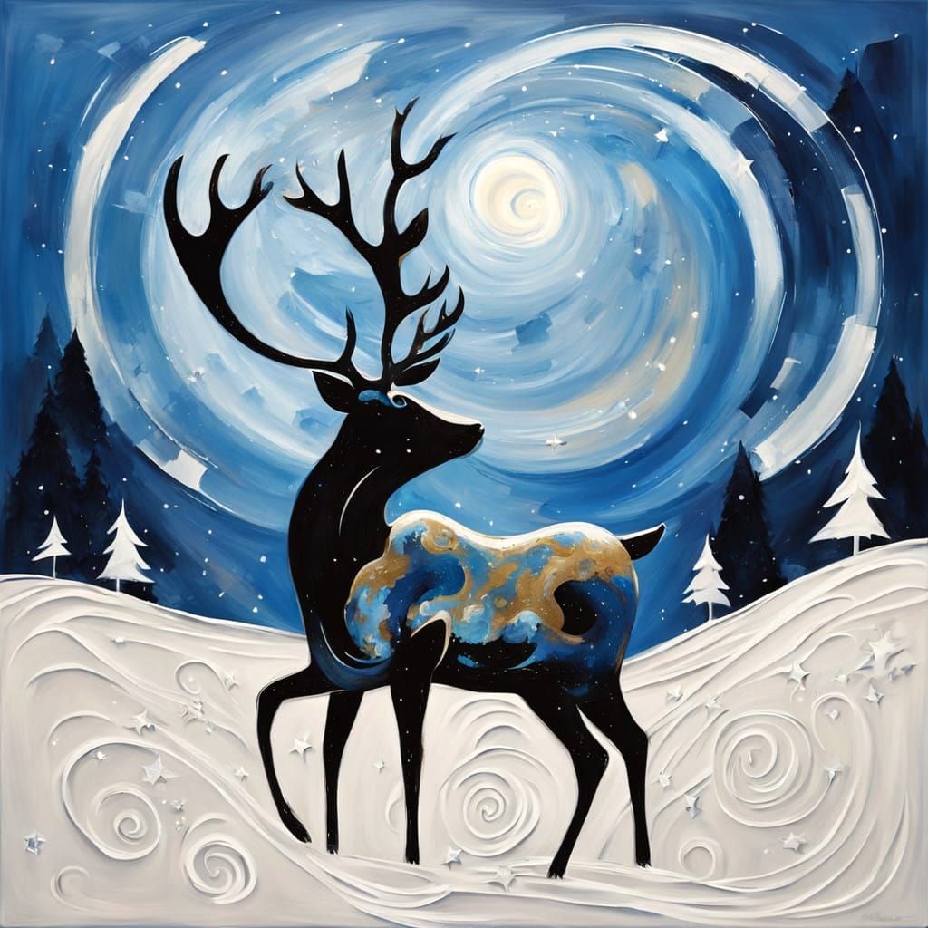 Surreal Blue Reindeer in the Moonlit Night