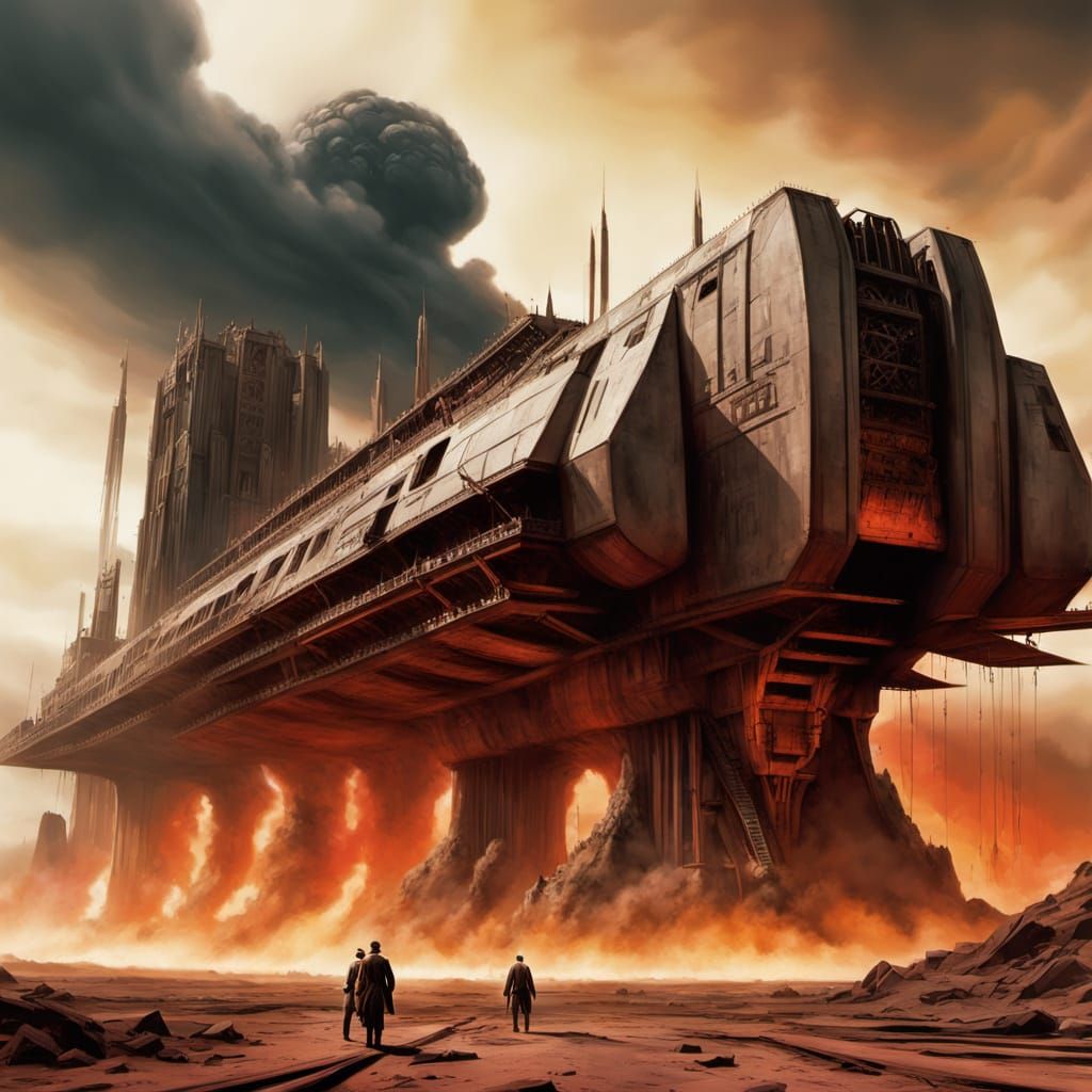 Dieselpunk Blade Fortress Over Blood-Red Wasteland