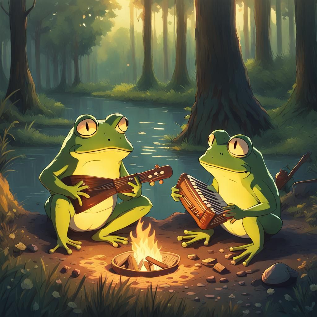 Frogs' Campfire Party: Ghibli-Inspired Anime Scene