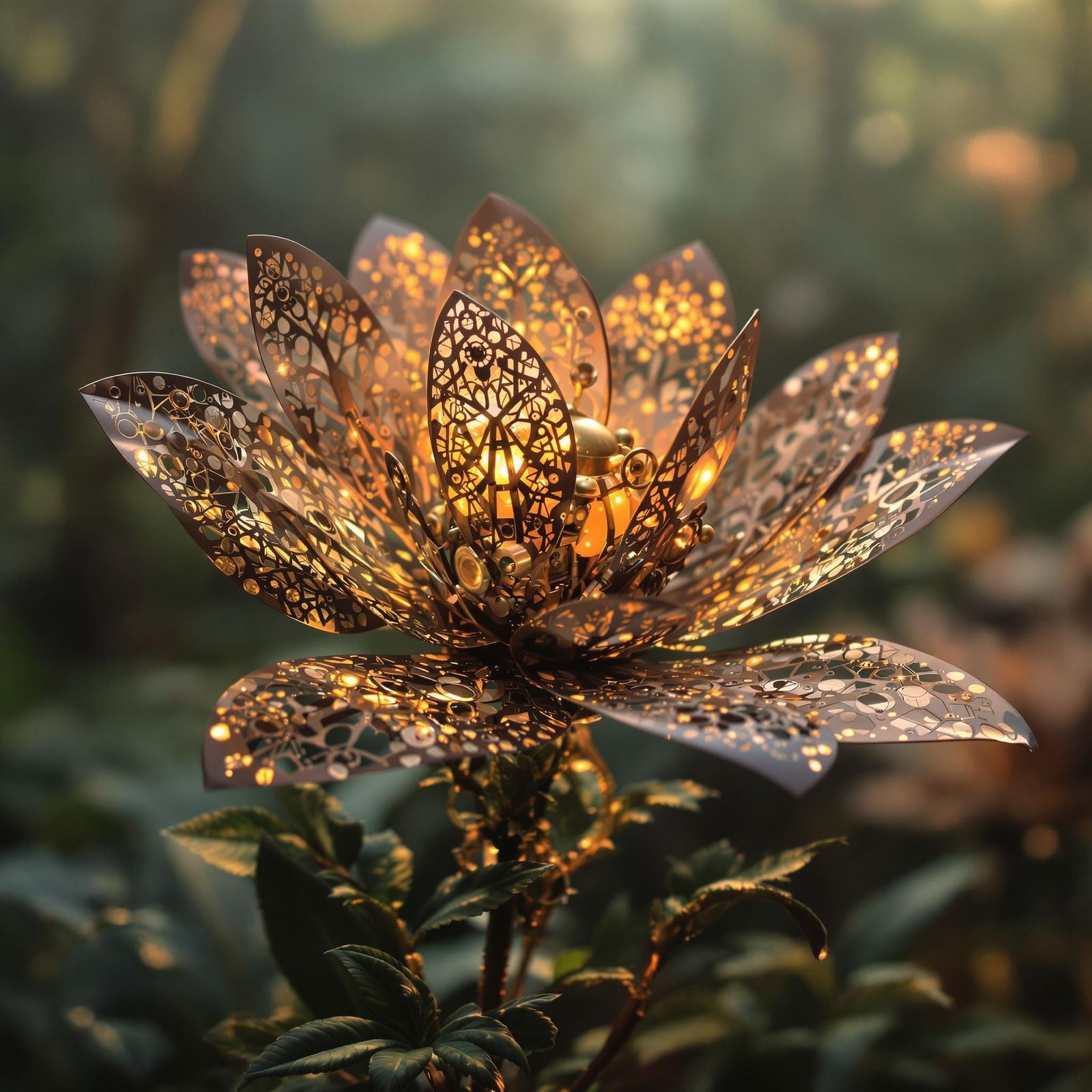 Ethereal Copper Flower Blooms in Steampunk Garden