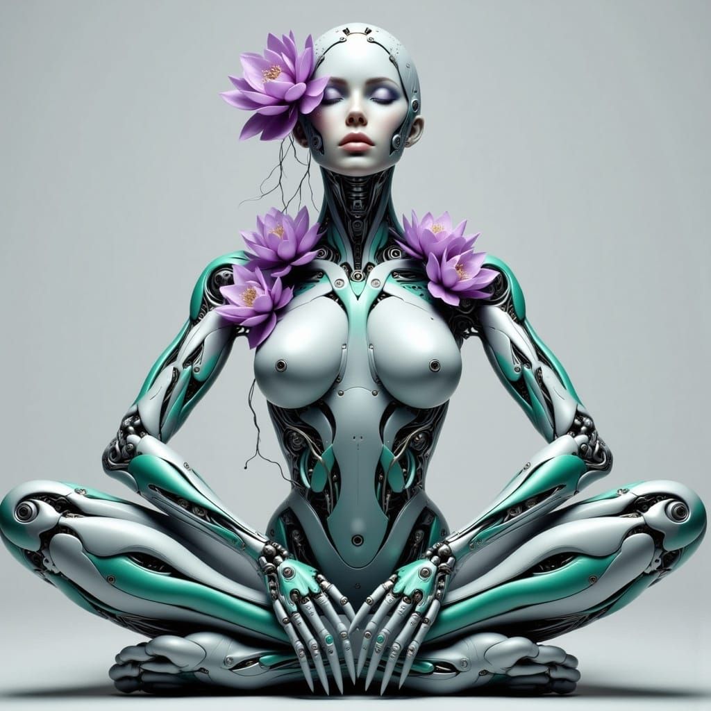 Elegant Biomechanical Woman in Lotus Garden