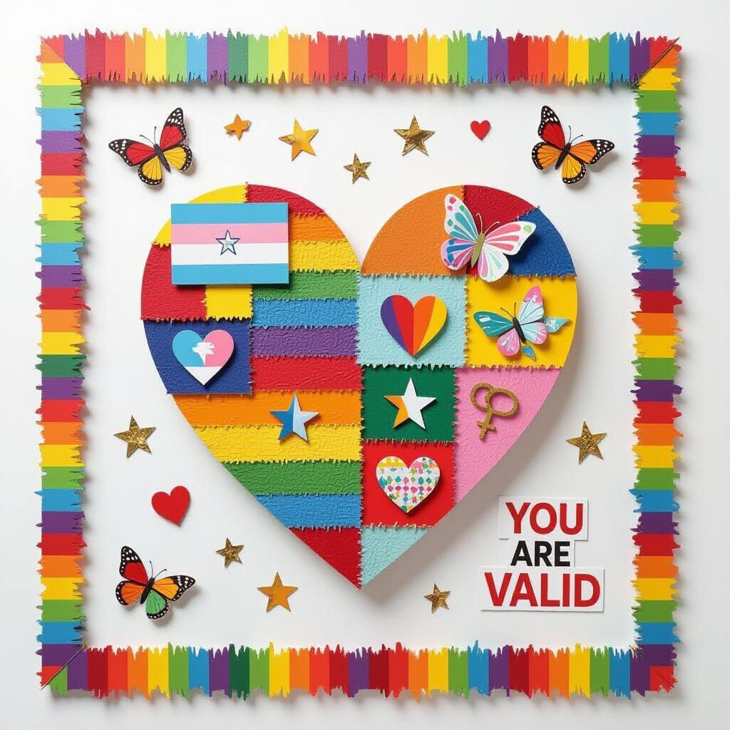 Empowering 3D Heart Collage with LGBTQ+ Pride Symbols