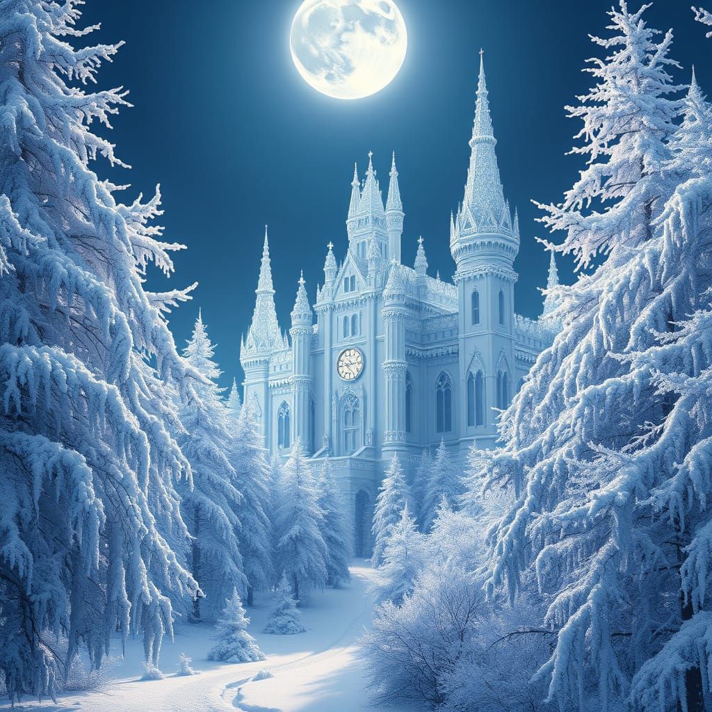 Crystal White Castle in Winter Wonderland, Full Moonlit Nigh...