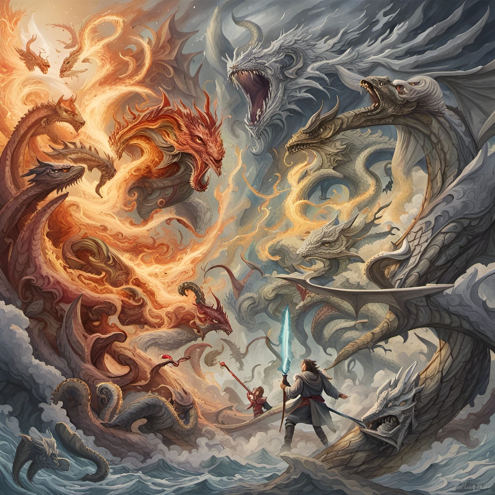 White Wizard Battles Fire and Ice Dragons Watercolor