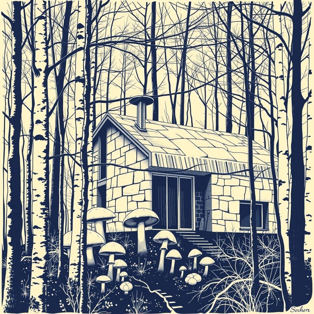Bahaus-Style Cabin Amidst Fantastical Mushrooms in Swedish F...