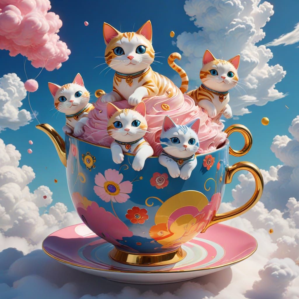 Quintet of Whimsical Cats Float on Cotton Candy Cloud