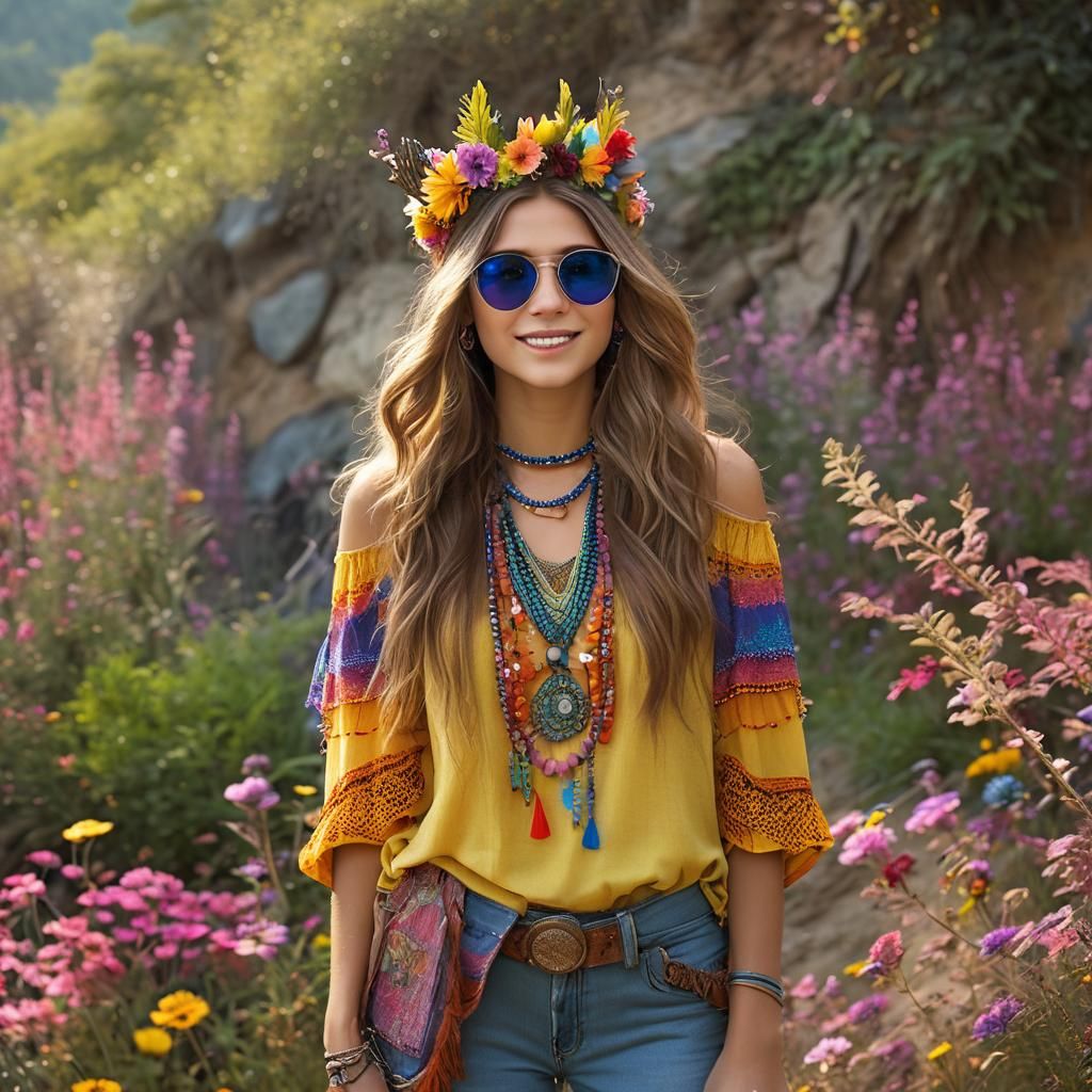 Vibrant Hippie Portrait with Flower Crown