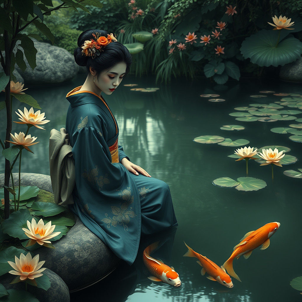 Melancholic Geisha Beside a Koi Pond