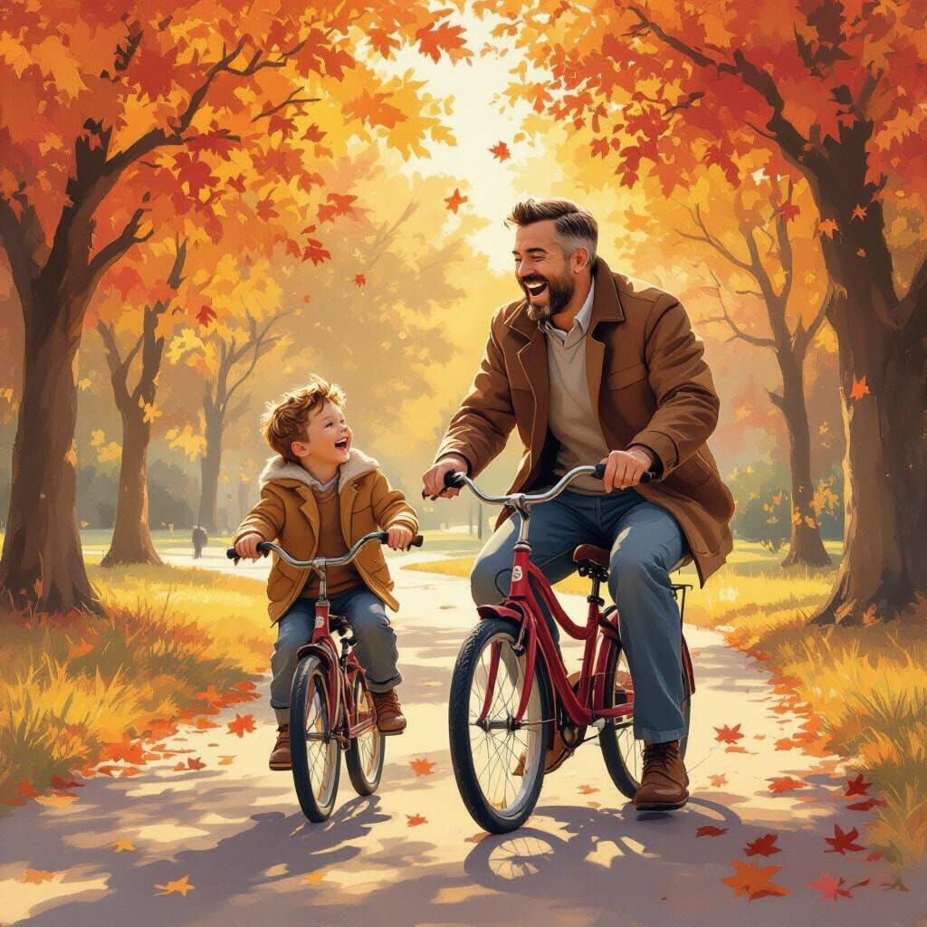 Father and Son Laughter While Learning to Ride Bike in Park