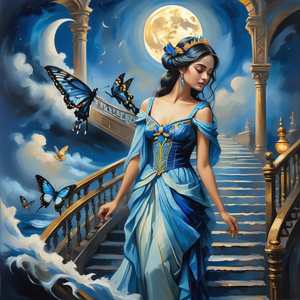Moon Queen and Blue Swallowtail: Neoclassical Oil Painting