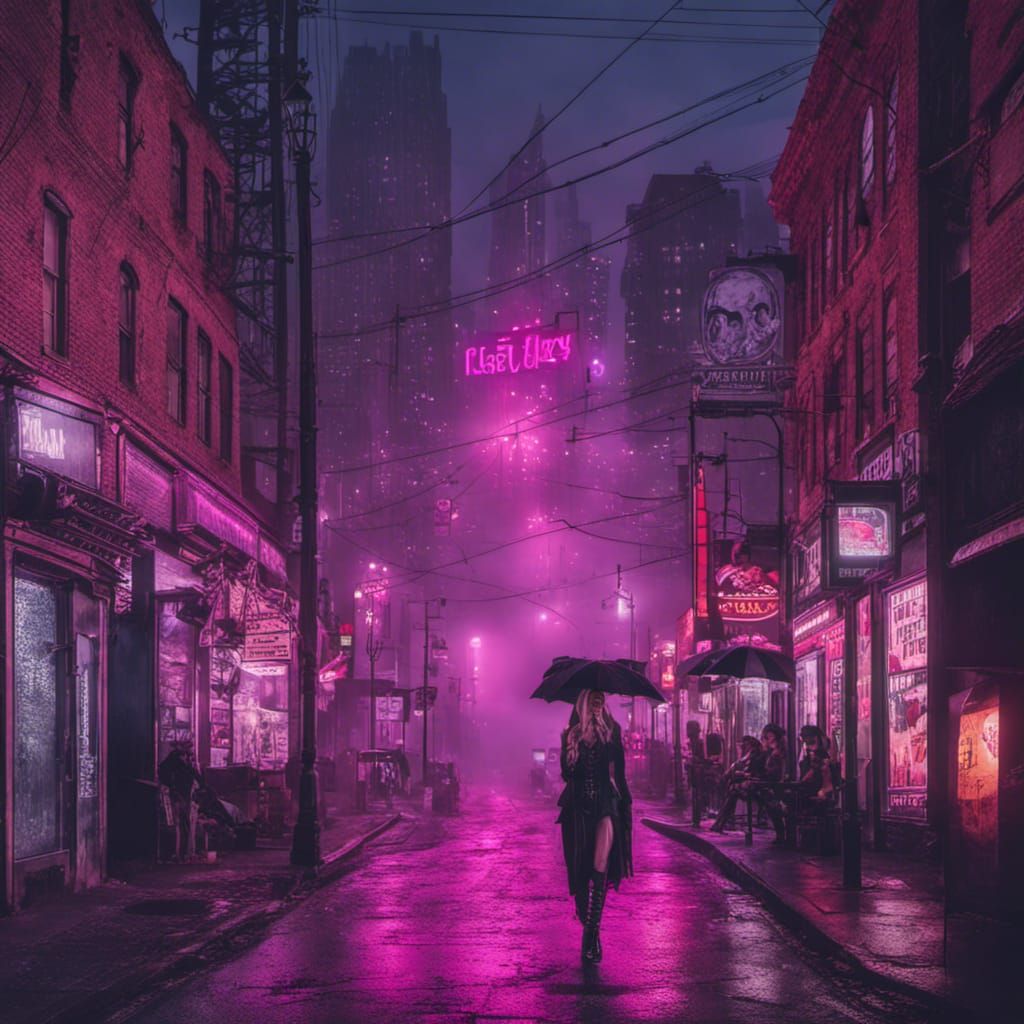 Goth Figure in a Neon-Lit Cyberpunk Cityscape