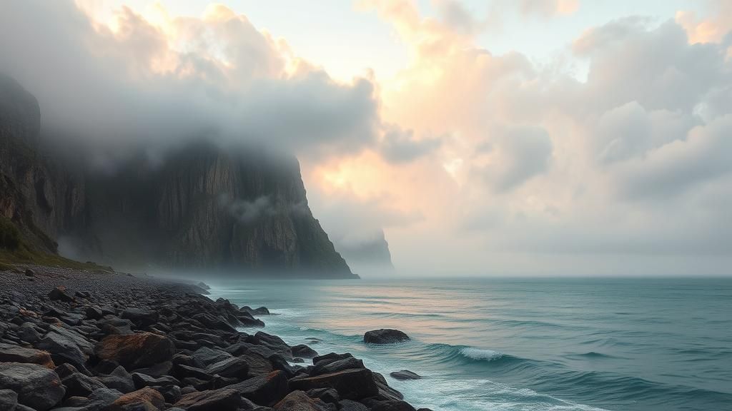Misty Seaside Landscape at Dawn in Romantic Style