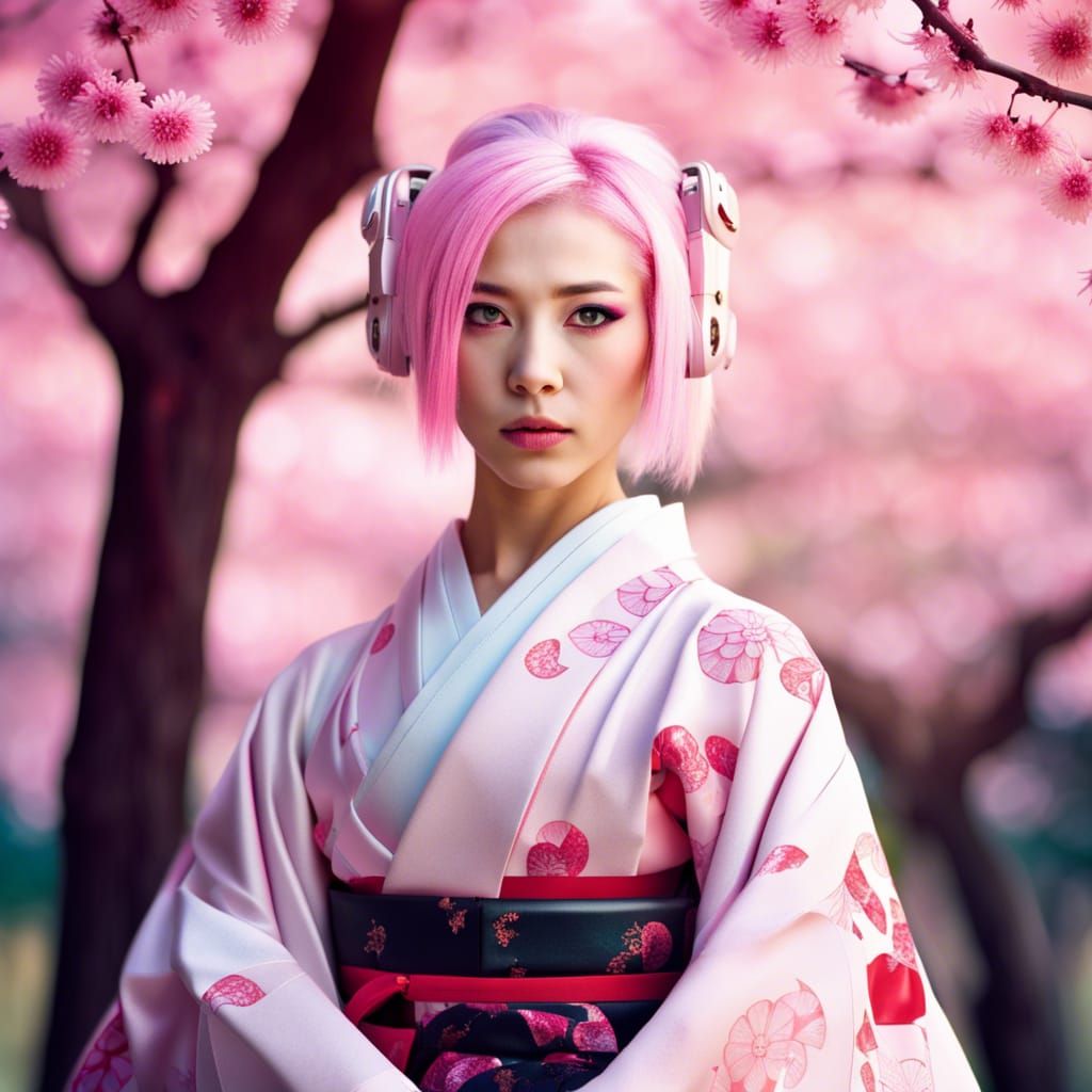 Cyborg Geisha Under Cherry Trees