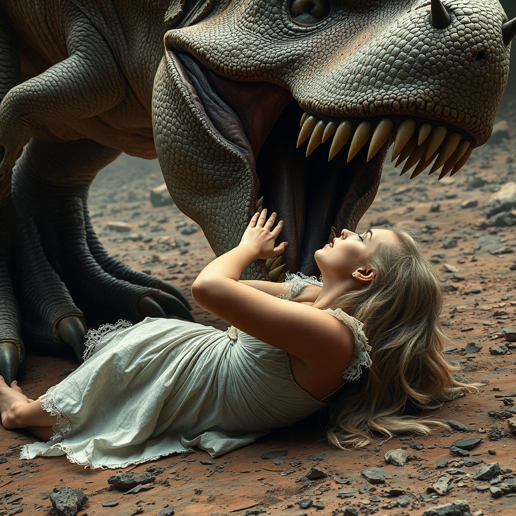 Dinosaur Encounter: Fearful Maiden in a Fantasy Scene