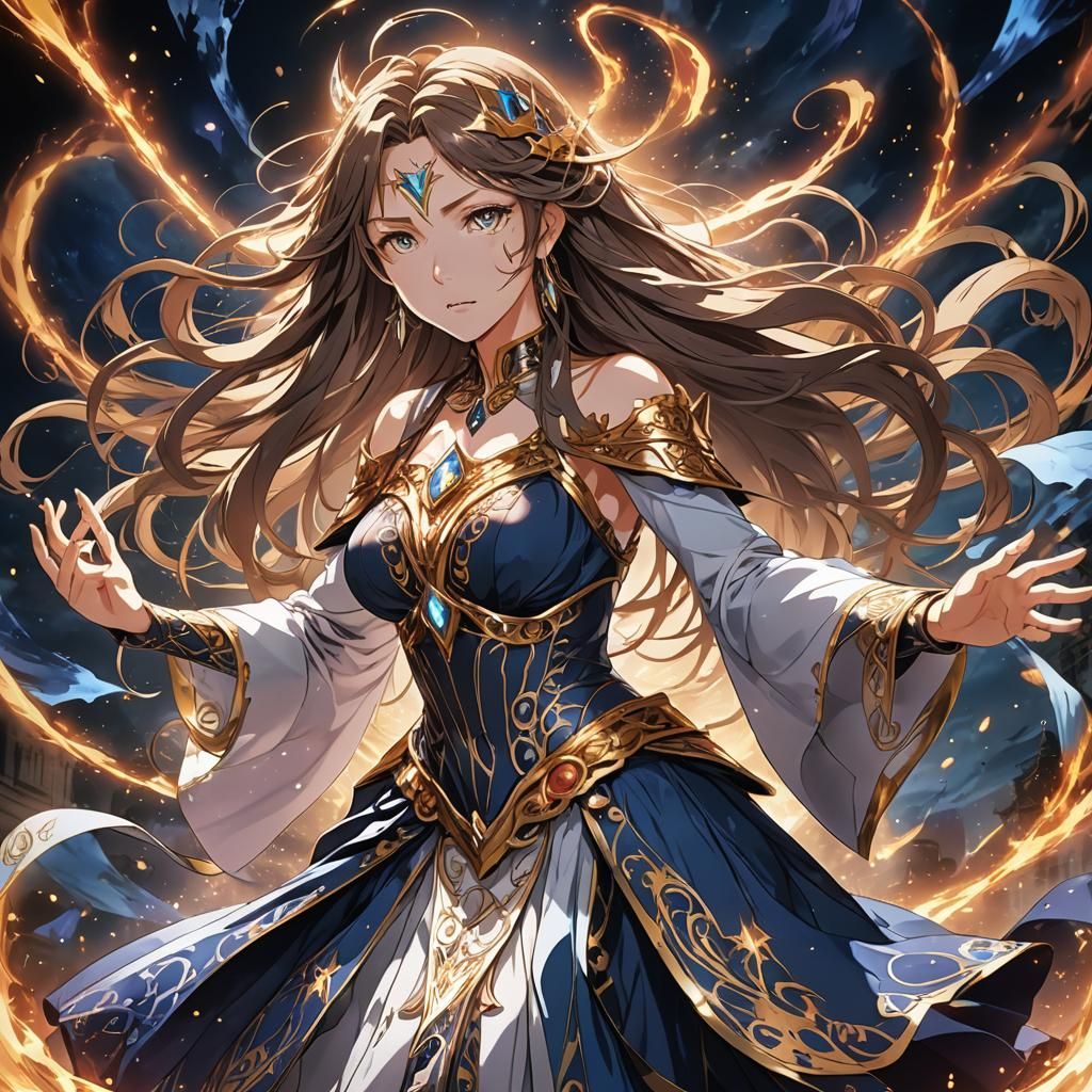 Anime Sorceress Ready for Battle in Golden Light