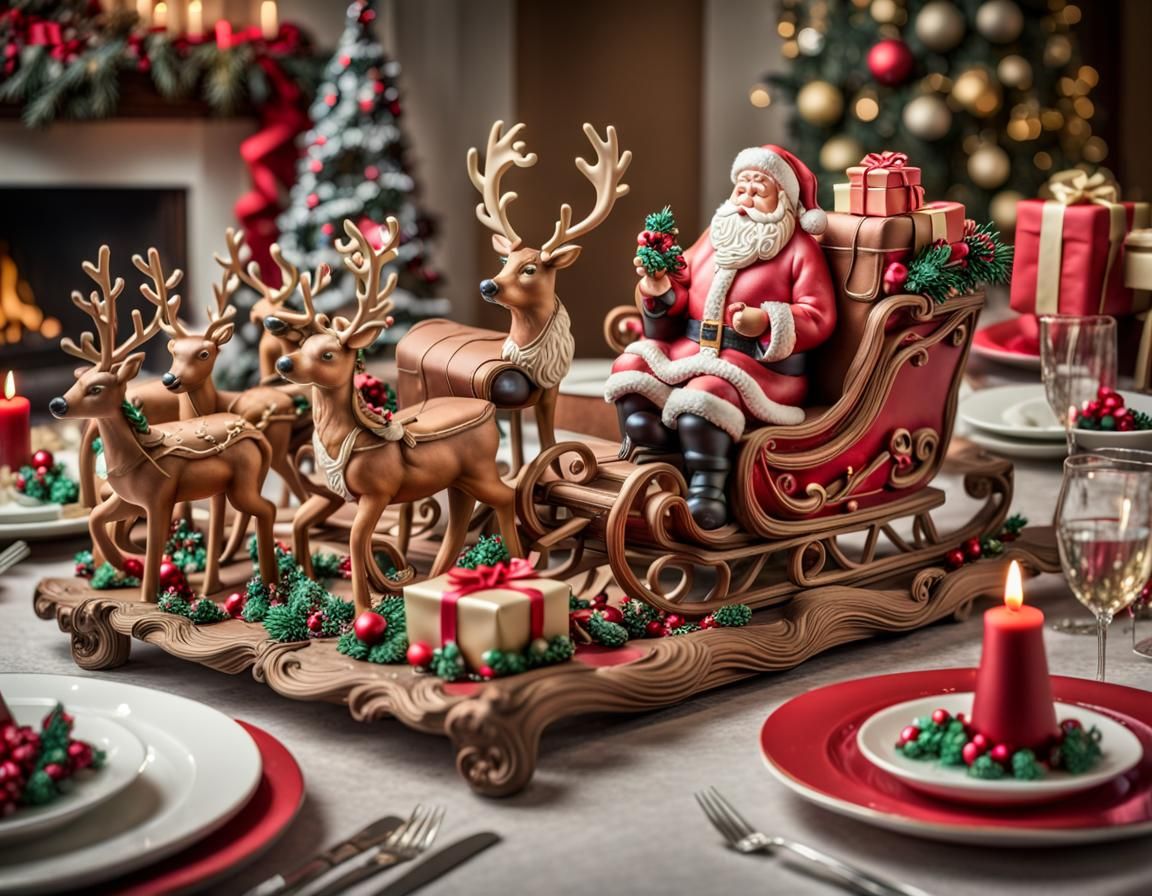 Cake Sculptures of a Christmas scene with Santa Claus, reindeer, presents and sleigh