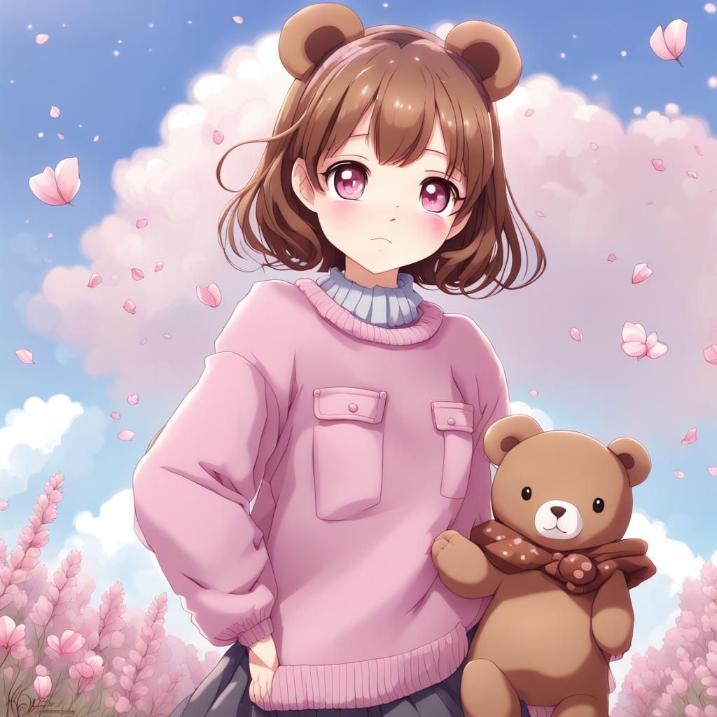 Anime Girl in Bear Sweater with Pink Petals