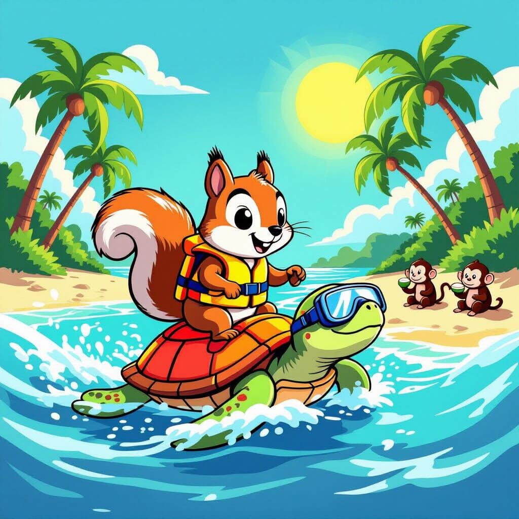 Cartoon Squirrel Rides Turtle to Sunny Island