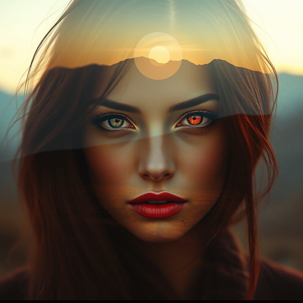 "double exposure portrait Mysterious Woman Pin-up in bioluminescent ruby glow, multilayered_hazel_eyes, soft lighting, s...