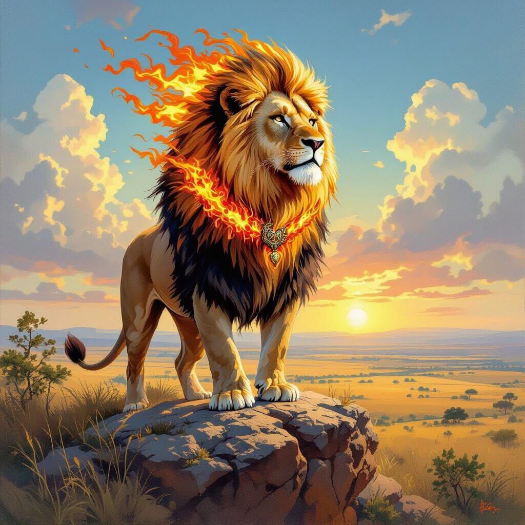 Lion with Fiery Mane on Cliff Overlooking Savanna
