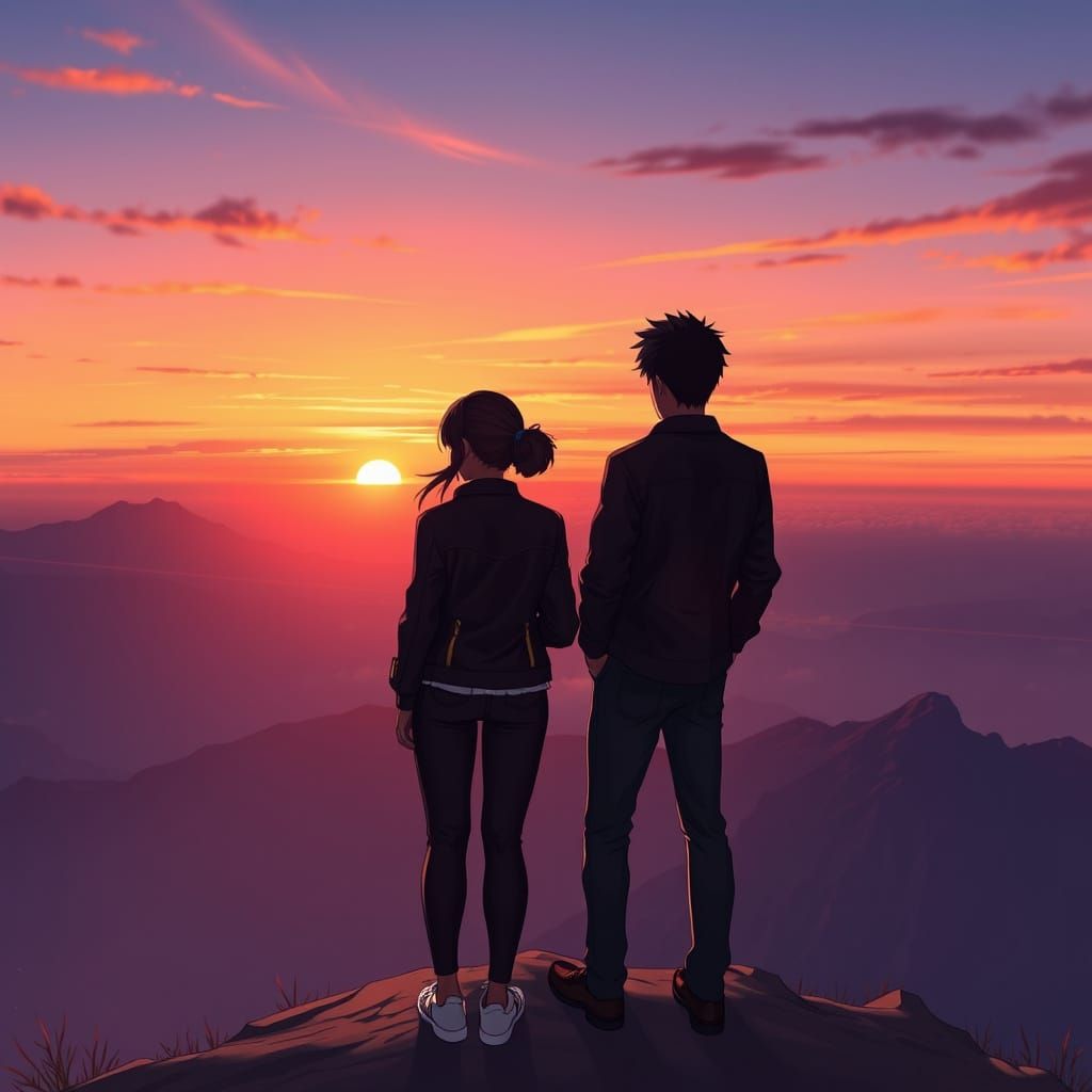 Realistic Anime Couple at Majestic Mountain Sunset