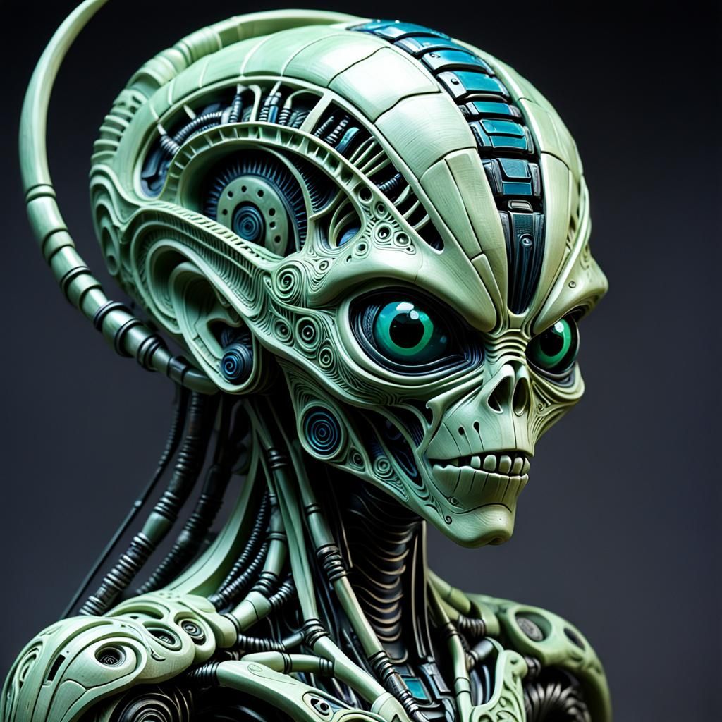 Intricately Carved Cybernetic Alien Sculpture