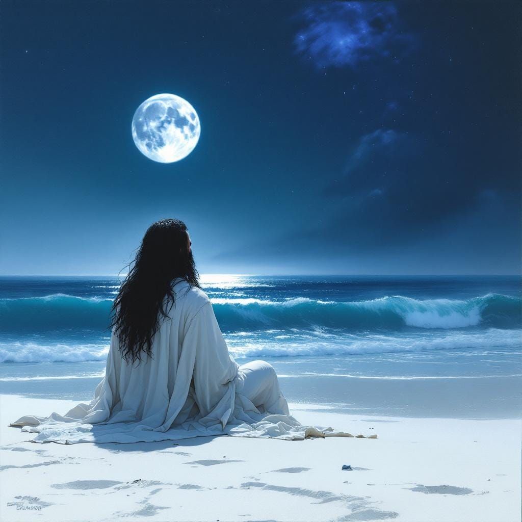 Moonlit Beach Contemplation in Atmospheric Matte Painting St...