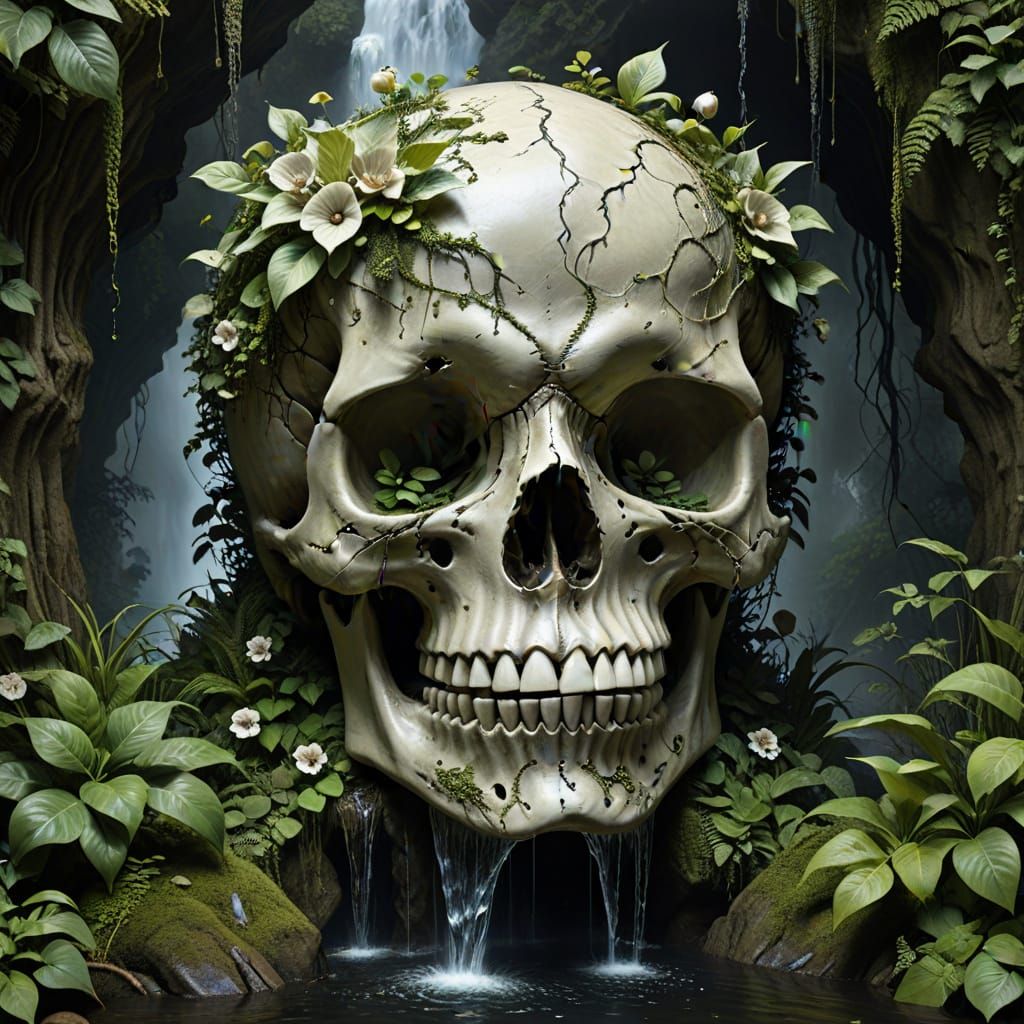 Waterfall Cascading Down Giant Skull in Gothic Art Style