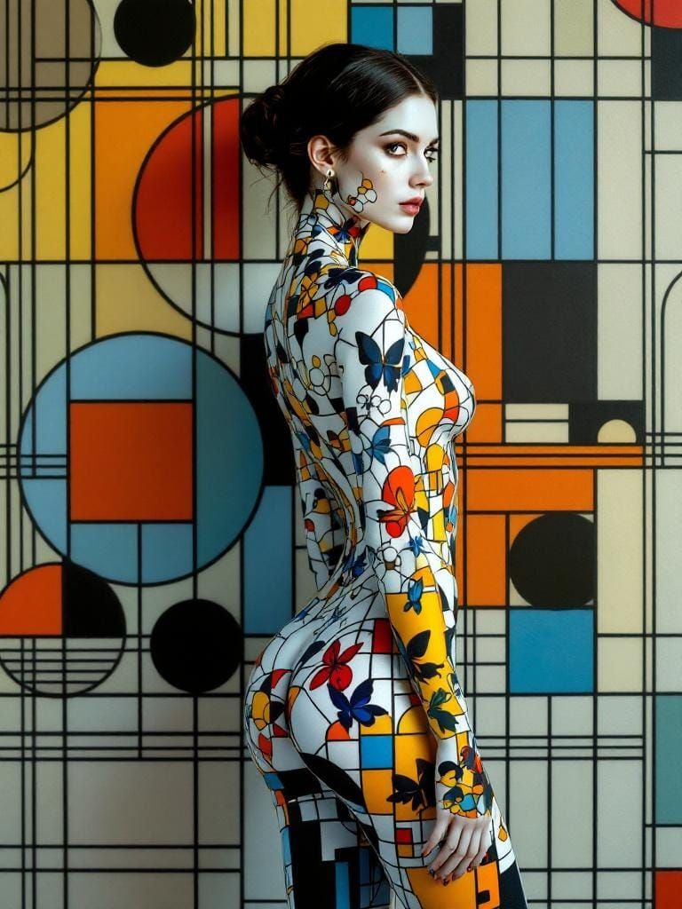 Art Nouveau Woman Merging with Geometric Wall