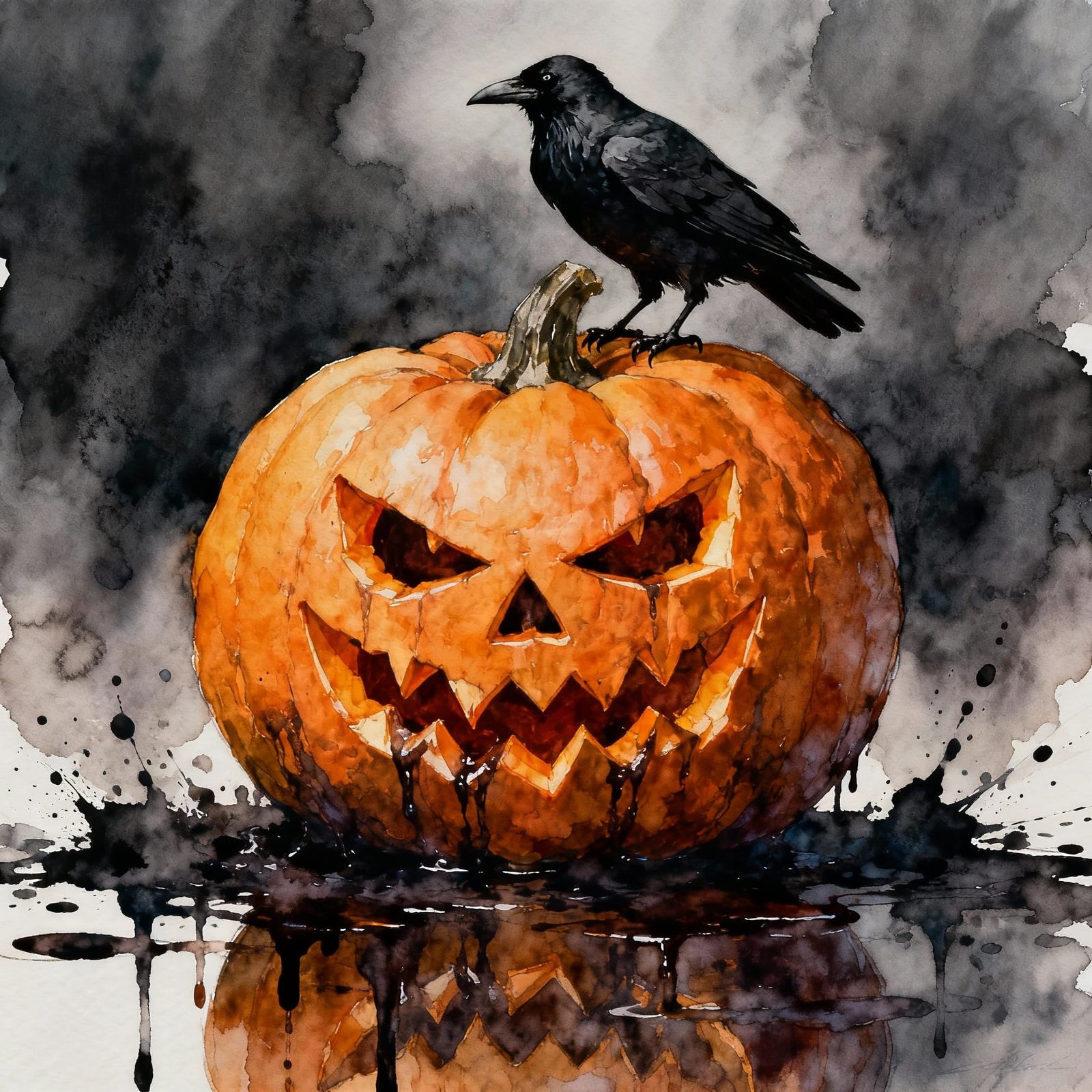 Eerie Watercolour Jack-o'-Lantern with Crow