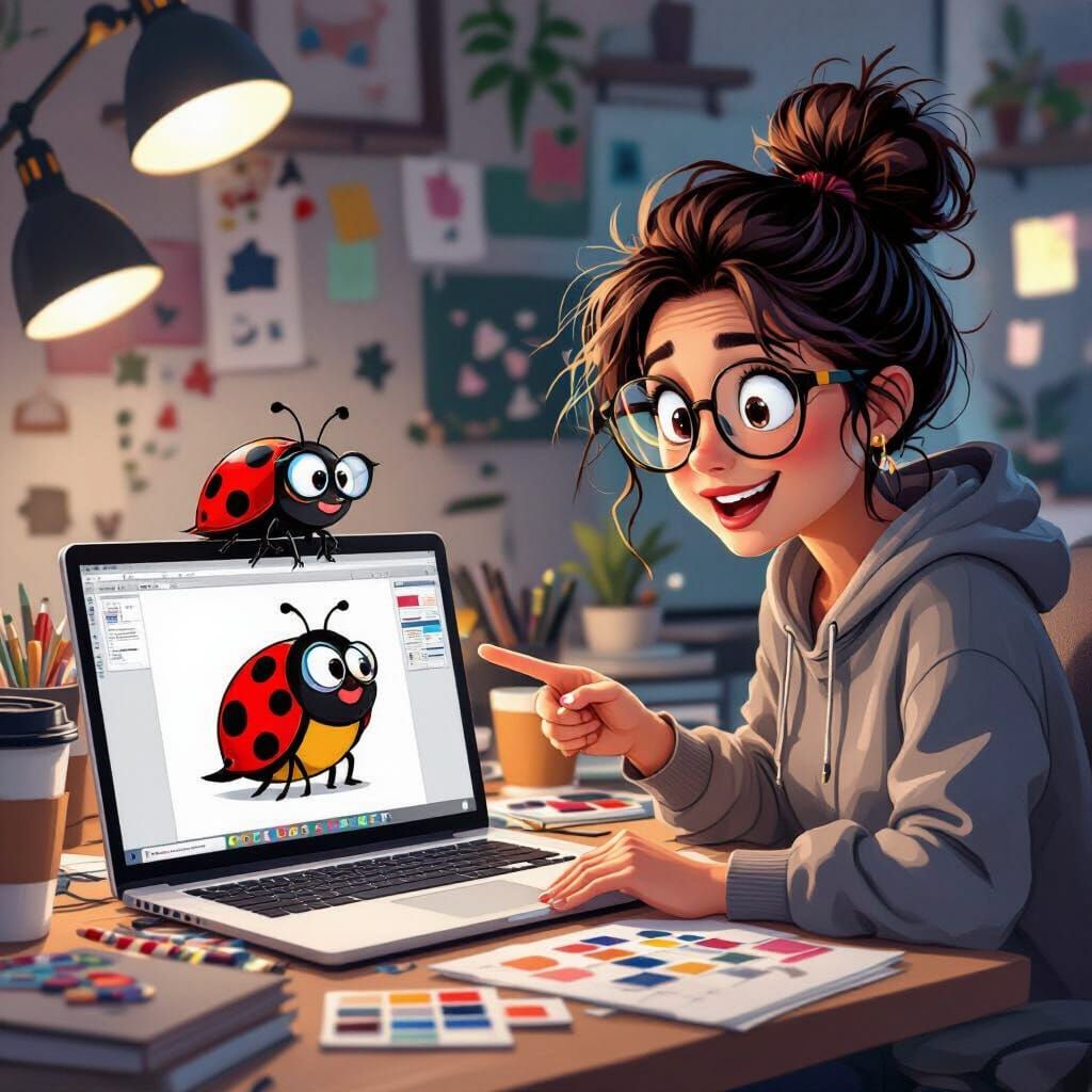 Quirky Cartoon Designer's Desk with Ladybird Logo