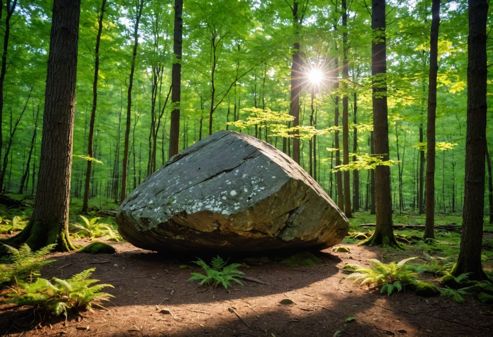 Peaceful Forest Scene with Sunlight and Gentle Rock