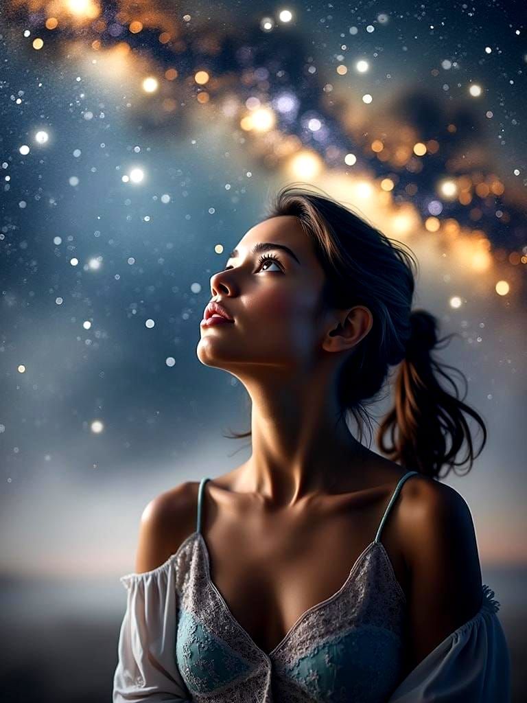 Woman Gazing at Milky Way Starry Night