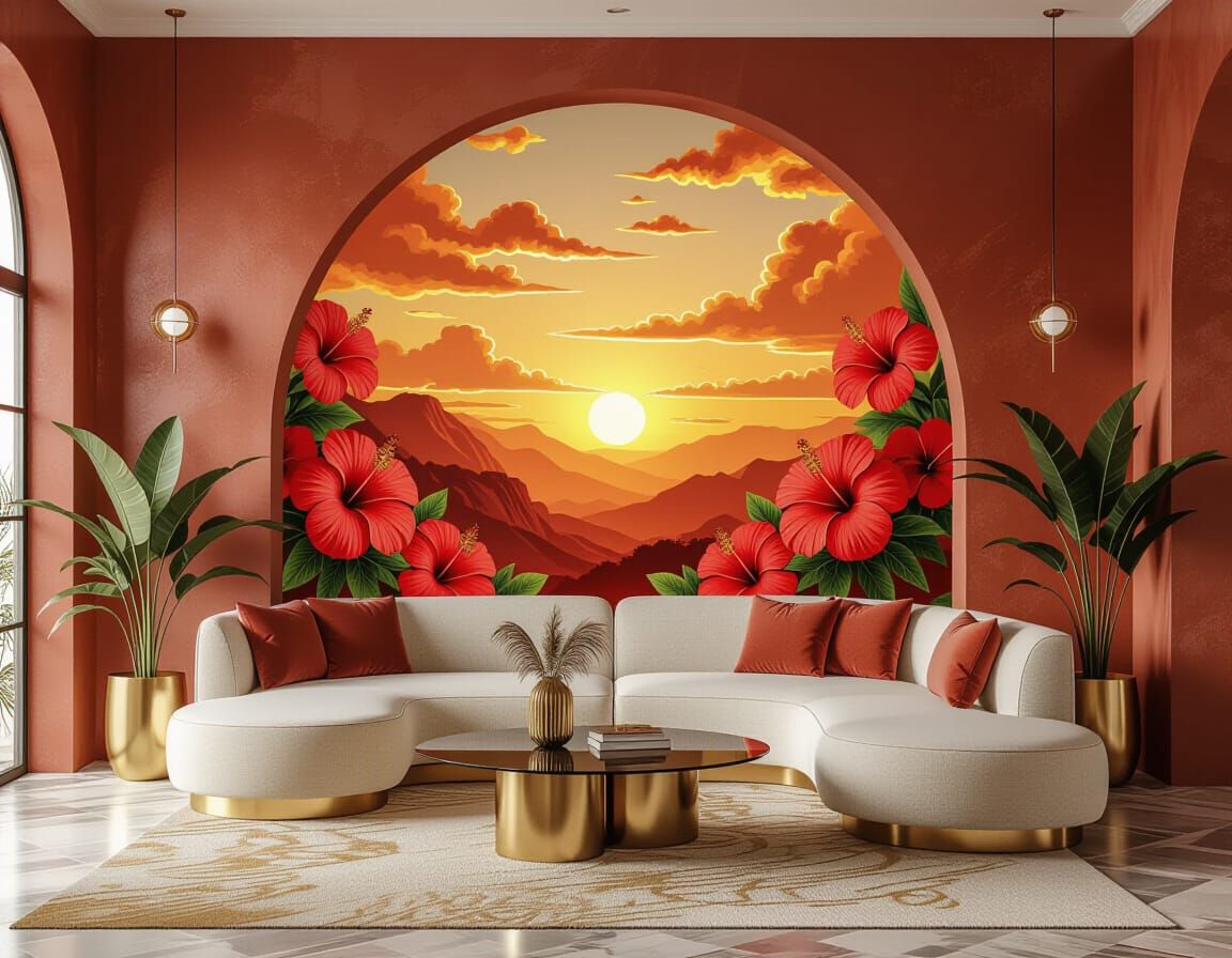 Modern Art Deco Living Room with Hibiscus Landscape