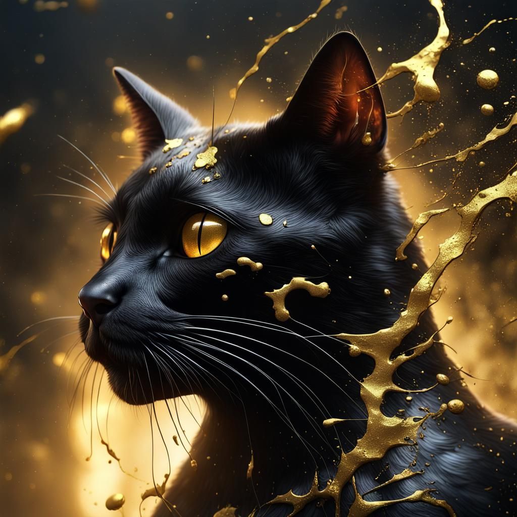 Fantastical Black Cat with Dripping Gold Paint