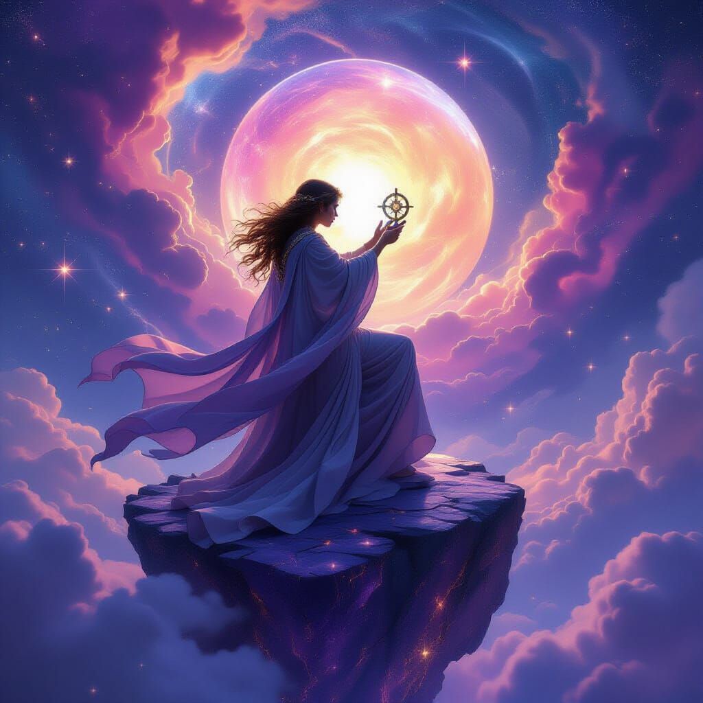 Celestial Navigator on Amethyst Island in Dark Fantasy Style