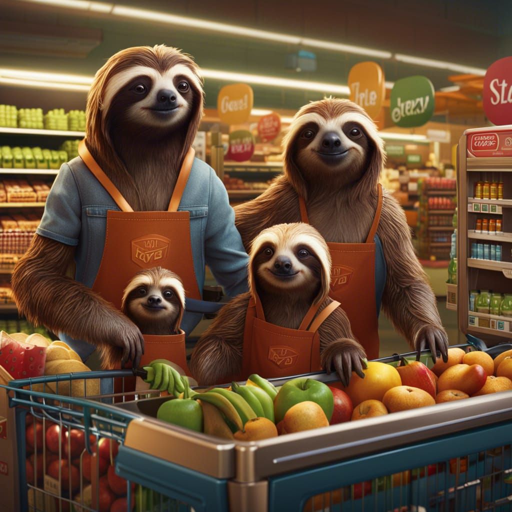 Sloth Family Supermarket Checkout in Detailed Matte Painting