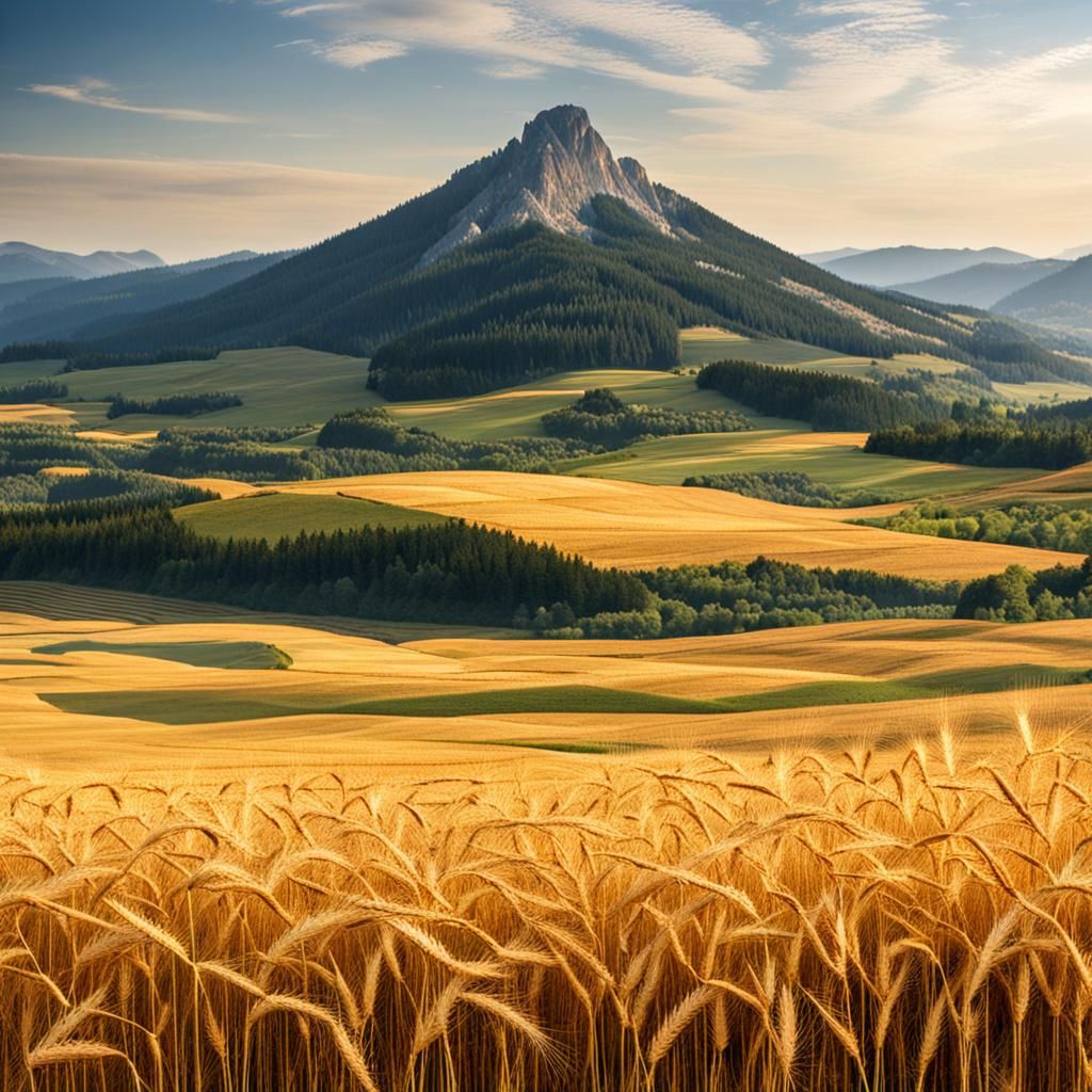 Mountain and Golden Wheat Fields Landscape