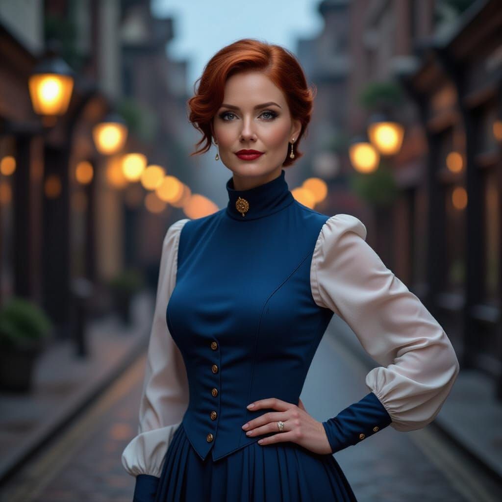 Steampunk Woman in Victorian Dress at Night