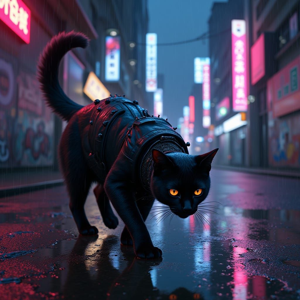 Cybernetic Cat Prowls Neon Alley: Dark Futurism